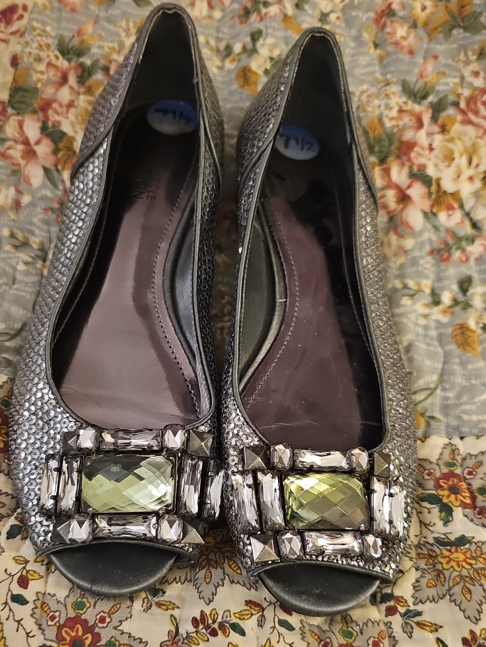Embellished Silver Jeweled Peep-Toe Flats